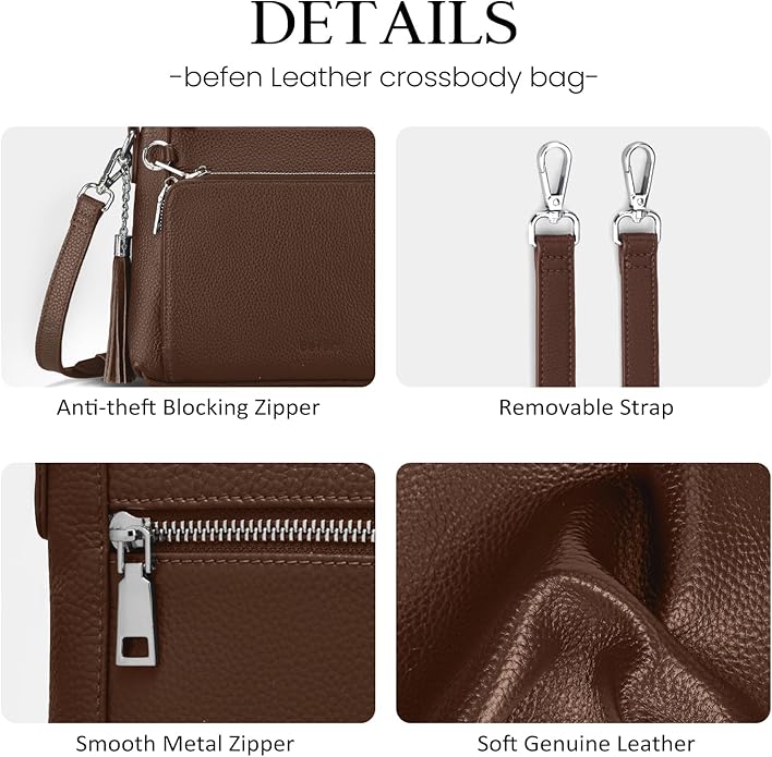 befen Anti Theft Genuine Leather Crossbody Bags for Women Handbags and Shoulder Basg with Built in Wallet RFID Leather Purse