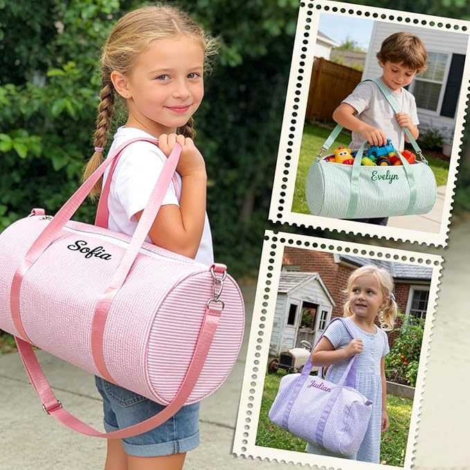 Personalized Seersucker Duffle Bag for Girls, Custom Dance Bag with Embroidered Name,Overnight Bag Ballet Gym Weekender Travel Bag
