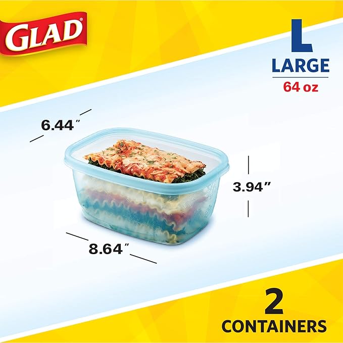 Glad GladWare FreezerWare Food Storage Containers with Lids, Large Rectangle No BPA Plastic for Freezing Soups Meals and Batch Cooking, Crack Resistant, Microwave Dishwasher Safe, 64 Oz, 2 Ct - 6 Pk