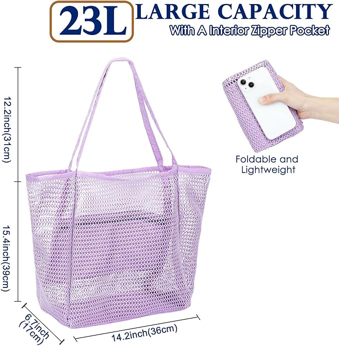 Mesh Beach Bag, Large Beach Tote with Zipper Pocket, Toys Pool Bag for Family Travel Vacation Cruise Essentials