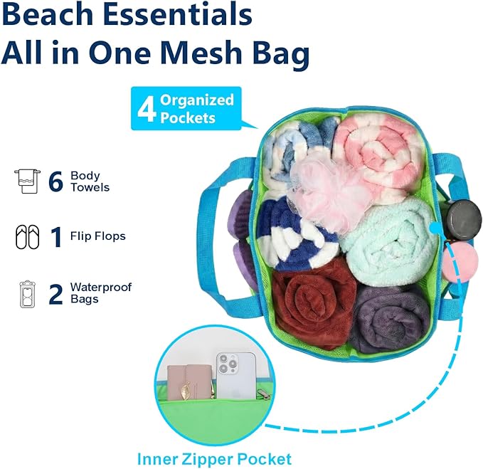 F-color Mesh Beach Bag Family - Large Tote Bag 9 Pockets for Swim Pool Toys Cruise Beach Vacation Essentials