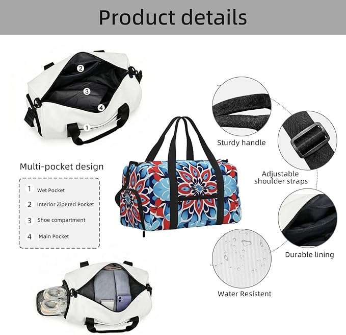 Sports Gym Bag Blue Red Mandala Ethnic Floral Travel Duffel Bag With Shoe Compartment Shoulder Strap, Lightweight Water-Resistant Weekend Overnight Totes For Women Men