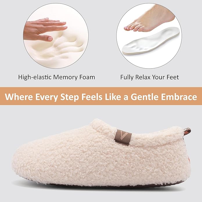 Women’s Fuzzy Memory Foam Slippers with Cozy Curly Fur and Warm Fleece Lining Closed Back Non-Slip House Shoes Lightweight Soft Comfy Indoor Bedroom Slippers