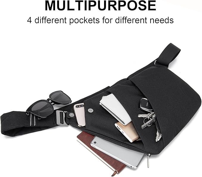 Crossbody Sling Bag, Water-Resistant Anti Theft Chest Pack, Minimalist Commuter Daypack for Travel Hiking Work, Black, SMALL | Asymmetric Design, Water-Repellent, Slim & Lightweight, Hidden Back Pocket, Adjustable Strap, Fits 9.7” iPad