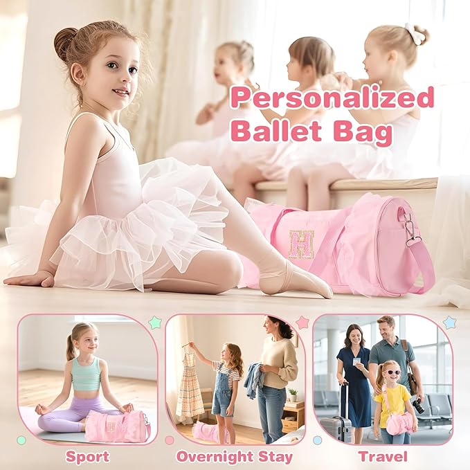 Personalized Initial Dance Bag for Girls 4-6, Small Lace Gym Sport Yoga Cheer Dance Bags Gift for Teen Girls, Cute Letter Kids Ballet Bag Toddler Travel Duffel Tote with Adjustable Straps(Pink-H)