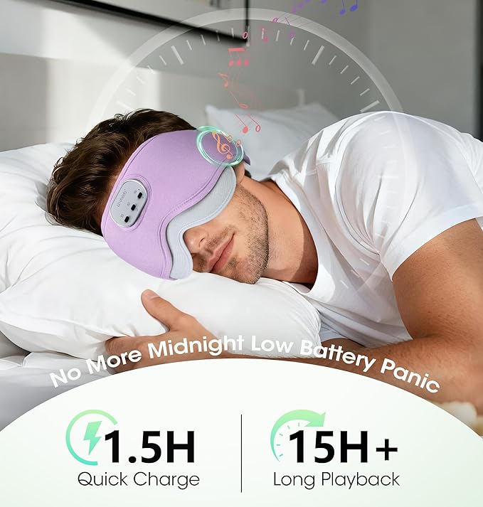 LC-dolida Voice Control Bluetooth Sleep Mask, Bamboo Cotton Bluetooth Sleep Headphones with 3D Zero-Pressure Cups and Timer Setting, Total Blackout Sleep Eye Mask for Side Sleepers, Purple