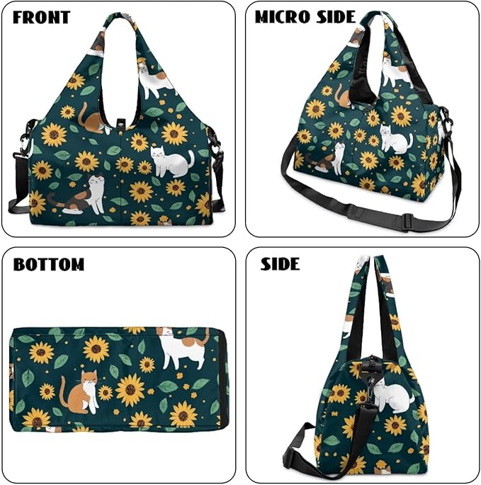 Cute Cat Workout Bag for Women with Yoga Mat Holder and Shoe Compartment Sunflower Gym Bag Water Resistant Gym Duffel for Swimming, Stylish Fitness Green Duffel Bag