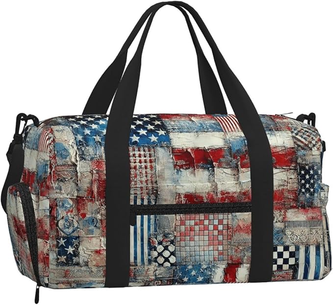 USA Flag Patchwork Print Gym Bag with Shoe Compartment for Women Men, 17.7in Sports Duffle Weekender Tote, Overnight Travel Duffel Bag Carry On
