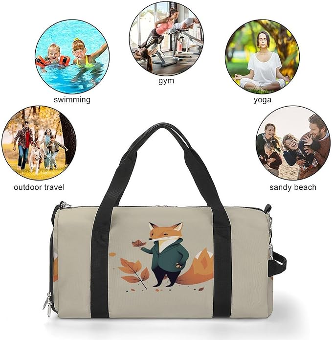Oxford Cloth A Cartoon Fox Gym Bag,Duffle Bag with Shoes Compartment And Adjustable Shoulder Straps，Weekender Bags for Men Women.