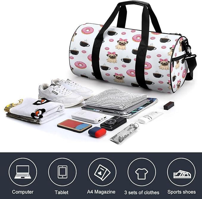 Weekender Carry on Beach Yoga Overnight Luggage Bag Gym Sports Travel Workout Bag Overnight Bags (Funny Dogs Pug Puppies Pattern Donut Coffee)