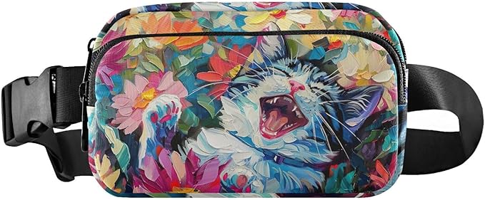 Cat Flower Oil Painting Fanny Pack for Women Men Water Resistant Fashion Waist Packs with Adjustable Strap Belt Bag for Travel Workout Jogging Hiking 21220496