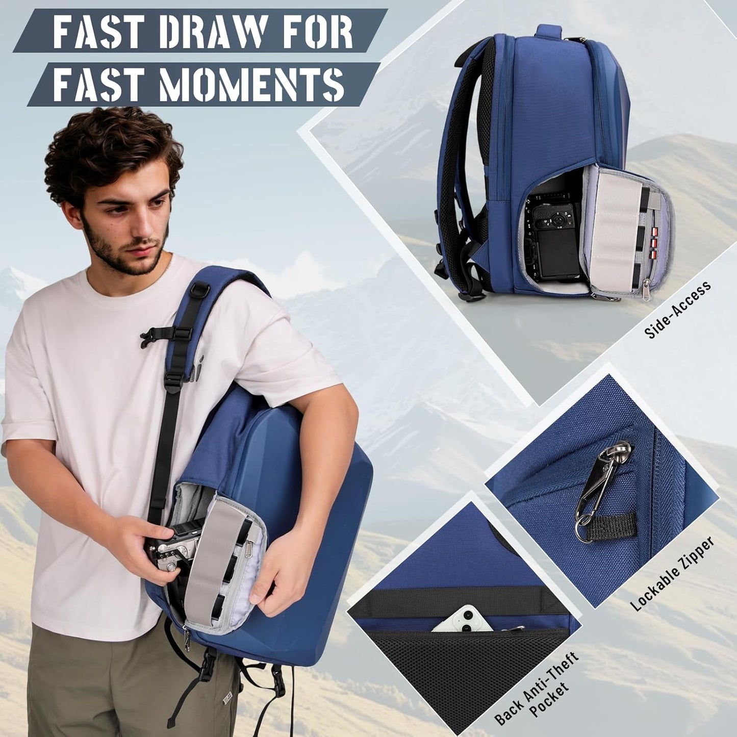 RAINSMORE Camera Backpack Hard Shell for DSLR/SLR Waterproof Camera Bag with Laptop Compartment 15.6 Inch Professional Camera Case with Rain Cover Photography Backpack Bag with Camera Lens Case Blue