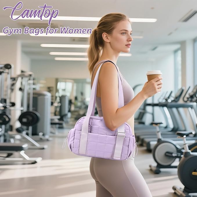 CAMTOP Mini Gym Bag for Women, Small Gym Tote Bag Puffy Quilted Sports Duffel Bag with Wet Compartment and Coin Purse Duffel Bags Dance Yoga Workout Bag for Gifts (Fashional Purple, Mini-12.6")