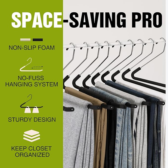 Spring Fever Open Ended Non Slip Sponge Padded Pants Hangers - Chrome Plating Foam Heavy Duty Space Saving Black Long 10