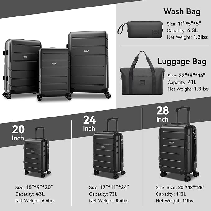 HOTEEL Expandable 5 Piece Luggage Set (4-YEARS WARRANTY) ABS+PC Hardshell Carry on Suitcase Silent Universal Wheels & TSA Lock for, Unisex Rolling Suit Case, for Travel, Family, Black (20/24/28/DB/TB)