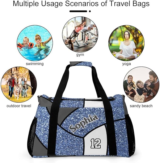 Custom Blue Volleyball Duffel Bag with Name Personalized Travel Bags Sport Gym Bag Carry On Weekender Bags for Men Women