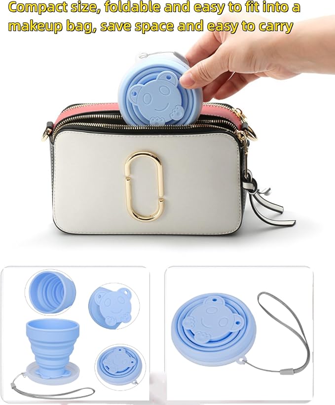 Reusable Foldable Silicone Water Cup, Portable Picnic Snacks Cup, Pocket Size Travel Cup Extensible, Collapsible Cups with Lid for Camping, Travel (Blue with Rope)