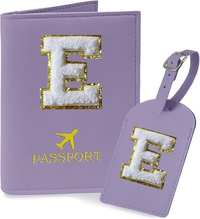 COSHAYSOO Purple Passport Cover and Luggage Tag Set TSA Approved with Her Initial Chenille Letter Patch for Big Little Girls Sister Daughter, Hawaii Travel Bag Backpack Suitcase Identifier (E)