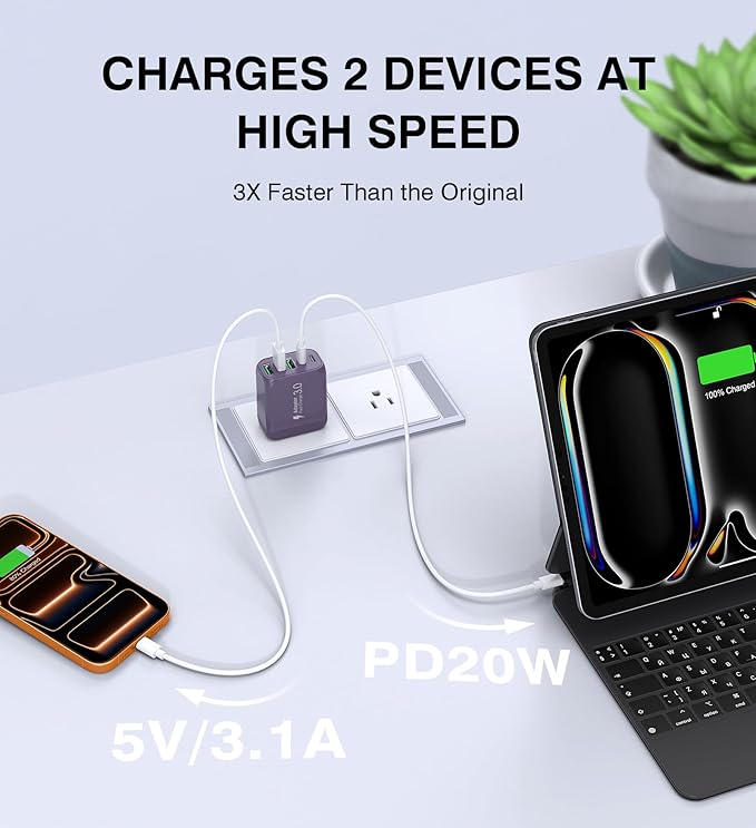 50W 2-Pack USB C Wall Charger Block, 5-Port C Charger Fast Charging Block PD Power Adapter +QC 3.0 Multiport Type C Box Brick Cube USB A Wall Plug for iPhone 14/15/16/17 Pro Max,Samsung Galaxy(Purple)