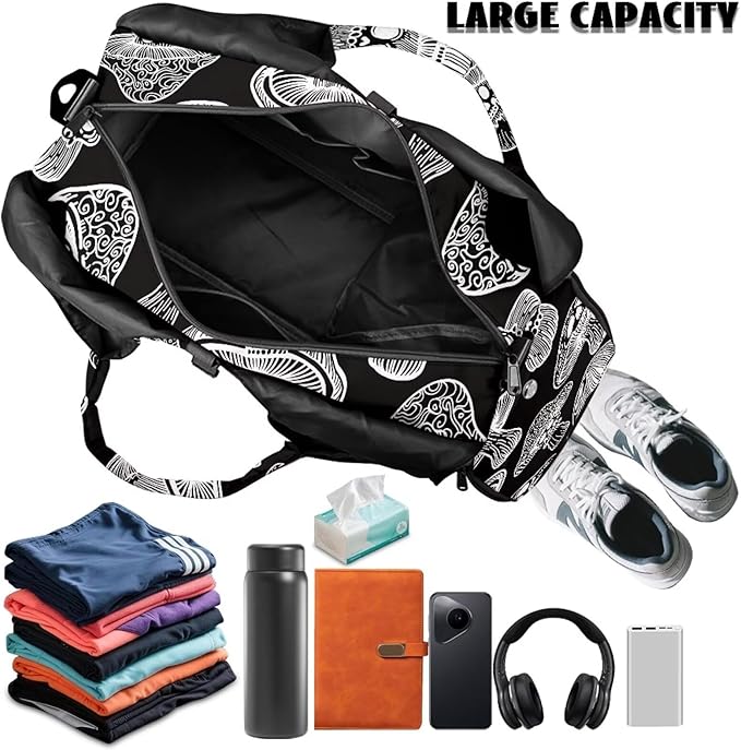 Black Mushroom Workout Bag for Women with Yoga Mat Holder and Shoe Compartment Gym Bag Waterproof Gym Duffel for Swimming, Stylish Fitness Duffel Bag