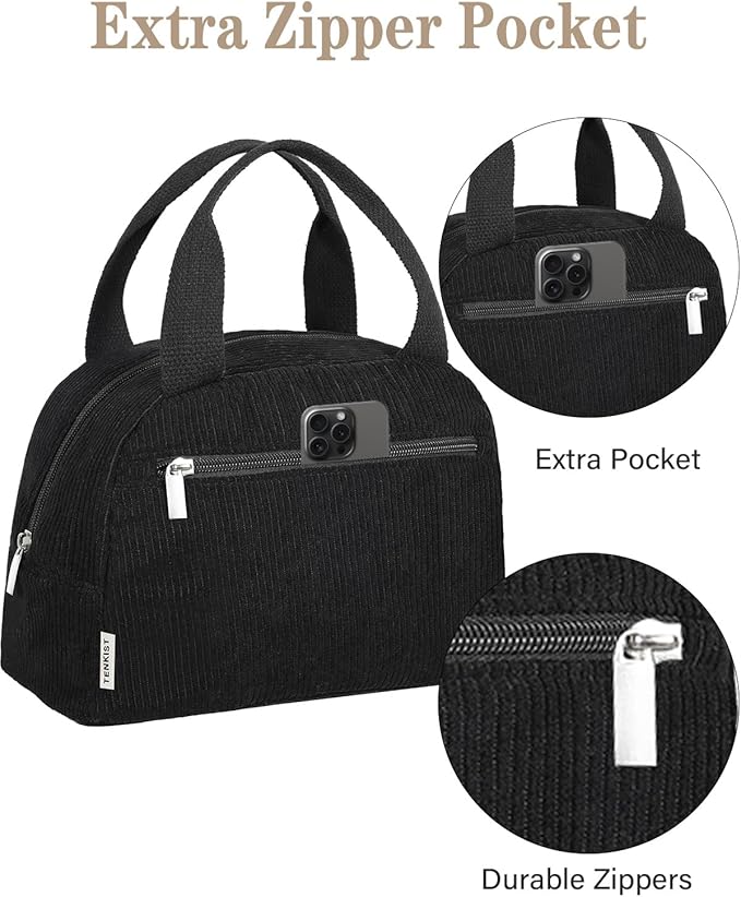 Cute Lunch Box Tote Bag - Corduroy Insulated Cooler Bags for Women - Lightweight Reusable Portable Soft Lunch Pail Kit for Kids Teen Girl Adults Work School Picnic Travel Black 8L