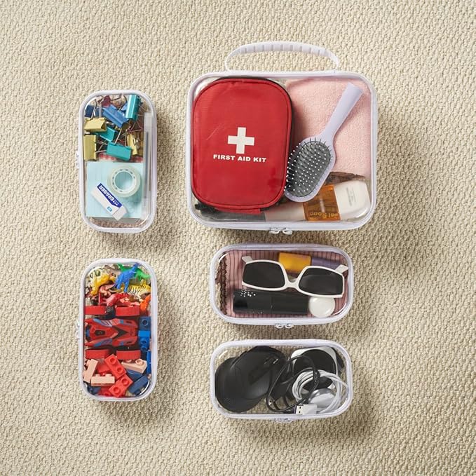 5 pcs Zipper Pouches with Handle, Clear Hard Shell Toiletry Bags, Stackable Travel Organizer, Cosmetic Bags, Transparent Diaper Bag Storage Cases (Handle L+4S)