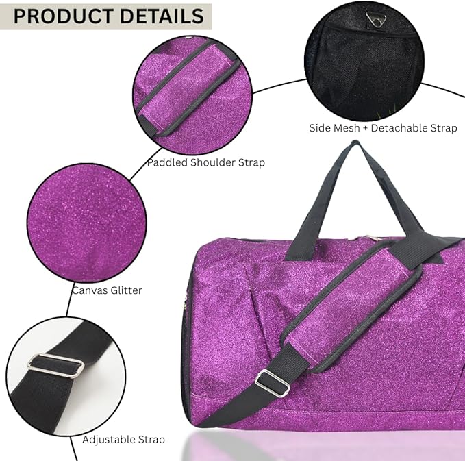 NGIL Glitter Cheers Sports Gym Duffel with Shoe Compartment and Small Carry on Travel Tote Bags for Women, Gym bag, Overnight bags for Women, Cheer Bag (Glitter-Purple)