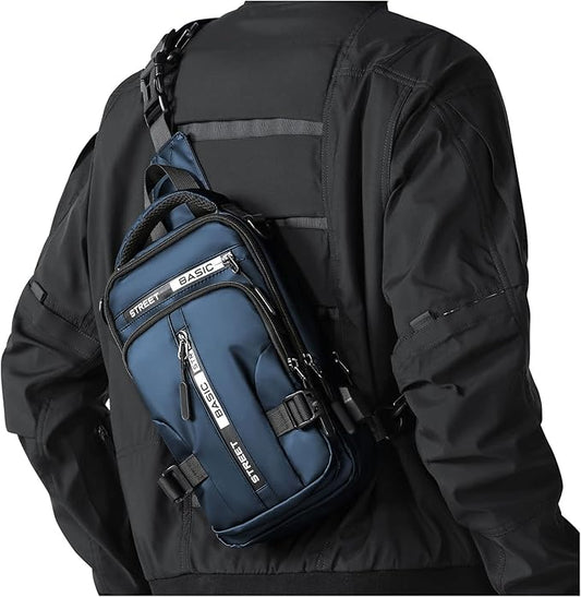 Blue Sling Crossbody Backpack Shoulder Messenger Bag for Men, Mini Anti Theft One Strap Motorcycle Backpack Sling Tactical Chest Bag for Hiking Walking Biking Travel Cycling