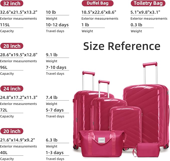 6 Piece Luggage Set Carry on Suitcase with Spinner Wheels, Expandable Hardshell Luggage PP Lightweight Suitcase Set for Women(32/28/24/20in Rose Red)