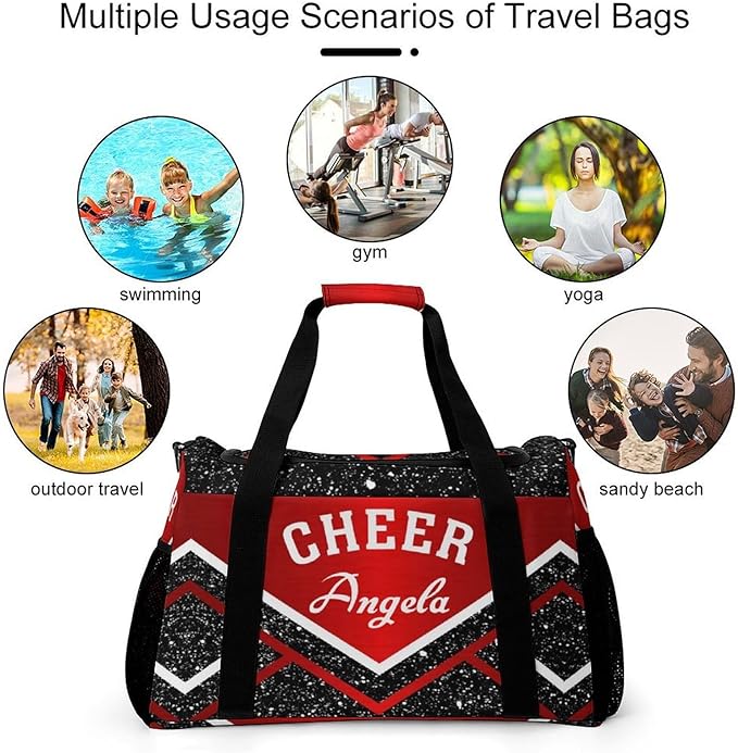 Personalized Name Sports Player Duffel Bags Red Cheer Maroom Cheerleading Black Travel Perform Training Waterproof Casual Bag Weekender Overnight Bag
