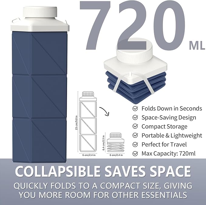 Collapsible Water Bottles 24.3oz, Foldable Travel Water Bottle, Portable & Lightweight, Leakproof & Reusable for Traveling Camping Hiking Yoga Sports Outdoor School Office, 1 Pack, Dark Blue