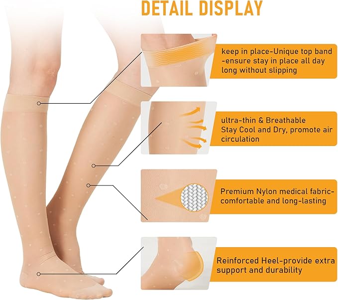2 Pairs Sheer Compression Socks for Women - 15-20 mmHg Knee High Sheer Compression Stockings for Support Circulation Swelling Edema Work Office Travel, Dot, Medium