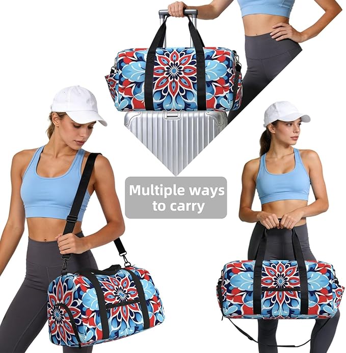 Sports Gym Bag Blue Red Mandala Ethnic Floral Travel Duffel Bag With Shoe Compartment Shoulder Strap, Lightweight Water-Resistant Weekend Overnight Totes For Women Men