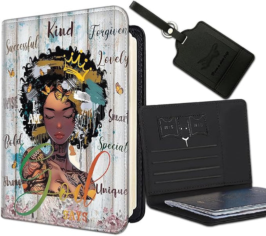 Passport Holder Women Wallet with Luggage Tag, Leather Passport Cover with RFID Blocking, Travel Accessories Multi Card Slot Passport Case for Men，African American Crown Girls