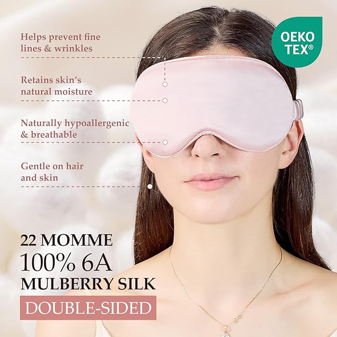 100% Mulberry Silk Sleep Mask for Unisex, 22 Momme 3D Silk Contoured Eye Mask, Breathable Light Blocking Blindfold with Adjustable Strap, Blackout Eye Cover for Travel, Pink