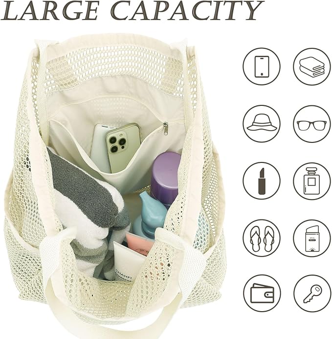 Beach Bag for Women with Outer Pocket, Waterproof Large Tote Bag for Cruise Essentials