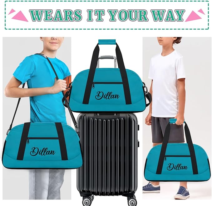 Custom Name Gym Duffel for Kids,Personalized Sports Bag Lightweight Gym Bags for Boys & Girls,Fitness Travel Weekender for Travel, Workout Turquoise