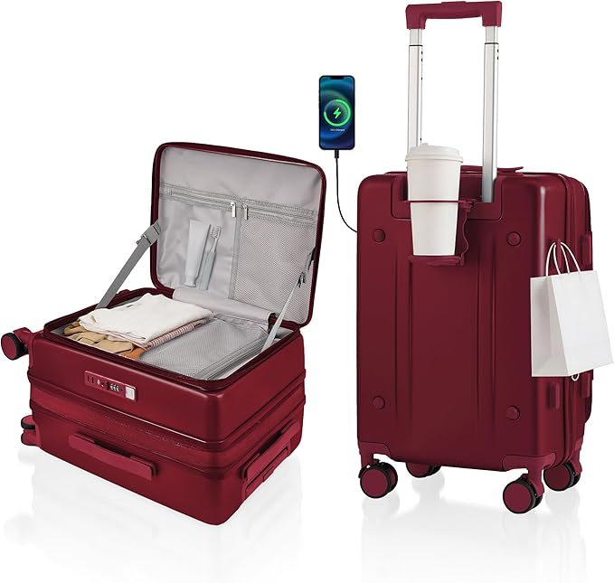 Expandable 20Inch Carry On Luggage Airline Approved - Top Opening Hardside Travel Suitcase Unbreakable -with Cup Holder,USB Charge,Side Pothook, 360°Spinner Wheels, TSA Lock-Wine Red