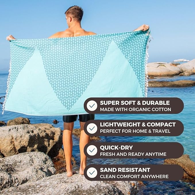 FESHKA Sand Proof Turkish Beach Towel – Oversized, Quick Dry & Lightweight Travel Towel - 100% Organic Cotton Beach Blanket - Perfect for Bath, Pool & Picnic | Big Fish (Teal/Turquoise)