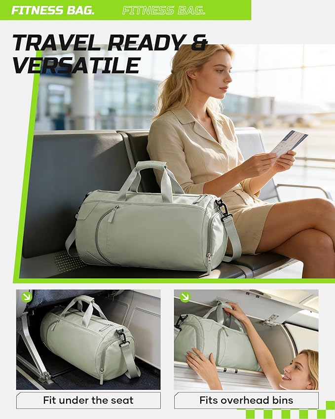 Gym Bag for Women And Mens with Shoe Compartment, Large Duffle Bag with Wet Pocket Carry-on Gym Duffle Bag for Travel and Sports Weekender Overnight Workout Bag Grass Green