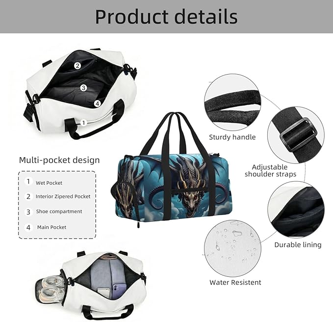 Flying Dragon Print Gym Bag with Shoe Compartment for Women Men, 17.7in Sports Duffle Weekender Tote, Overnight Travel Duffel Bag Carry On