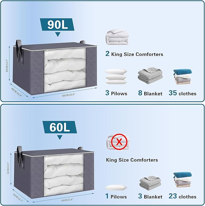 6 Pack 60L/90L Extra Large Moving Bags Comforter and Blanket Storage Bins With Lids Foldable Storage Bags For Clothing, Blanket, Comforters, Bed Sheets, Pillows