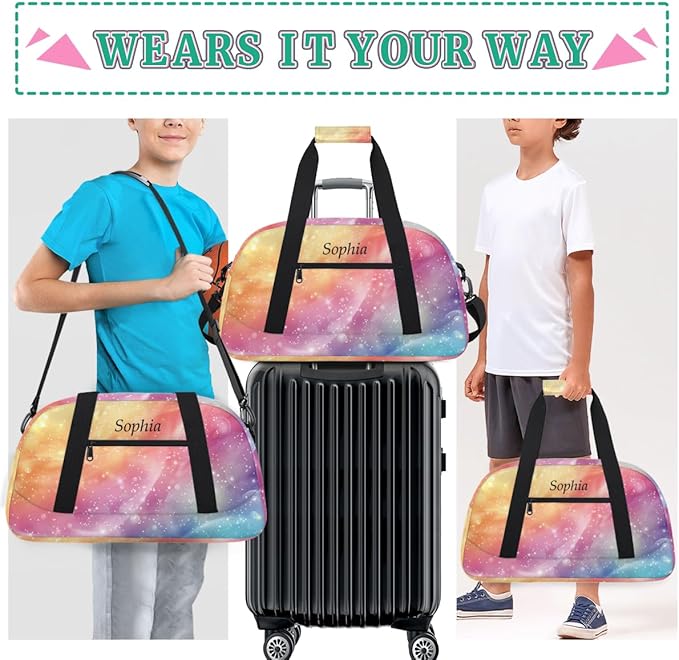 Custom Name Glitter Rainbow Girls Gym Travel Duffle Bag with Front Zipper Pocket Personalized Sports Bag for Overnight, Weekender, Carry On,Workout & Dance, 18.9 * 8.7 * 10.6 in
