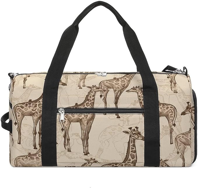 Oxford Cloth Hand Drawn Giraffes Gym Bag,Duffle Bag with Shoes Compartment And Adjustable Shoulder Straps，Weekender Bags for Men Women.