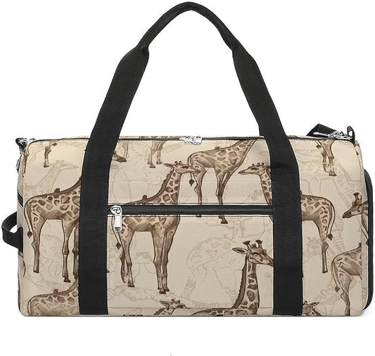 Oxford Cloth Hand Drawn Giraffes Gym Bag,Duffle Bag with Shoes Compartment And Adjustable Shoulder Straps，Weekender Bags for Men Women.