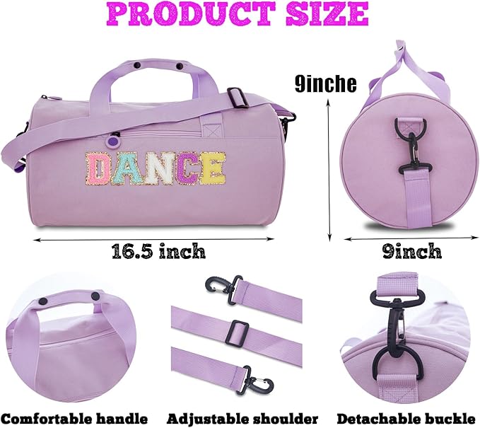 Large Size Dance Bag for Girls Kids Toddler Teens,Purple Ballet Gym Bag with Plush Chenille "DANCE" Letters,Sport Duffle Gym bag for Ballet Class, Sports & Practice 16.5"Lx9"Wx9"H