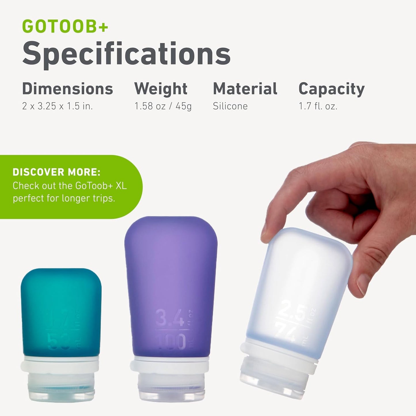 humangear GoToob+ 3-Pack (Small) | Refillable Silicone Travel Bottle | Locking Lid | Food-Safe Material, Clear/Green/Blue, Small (1.7 fl.oz; 53ml)