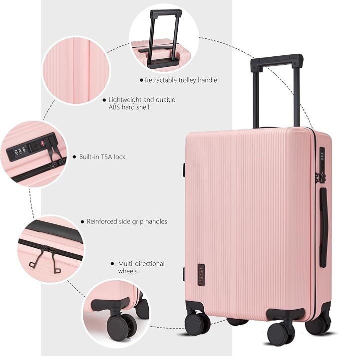 Carry On Luggage with TSA Lock, Carry on Suitcase 22x14x9 Airline Approved, Carry-on luggage with 360° Spinner Wheels, Hardside 20 Inch Lightweight Hard Shell Suitcase (Pink, 20-Inch)