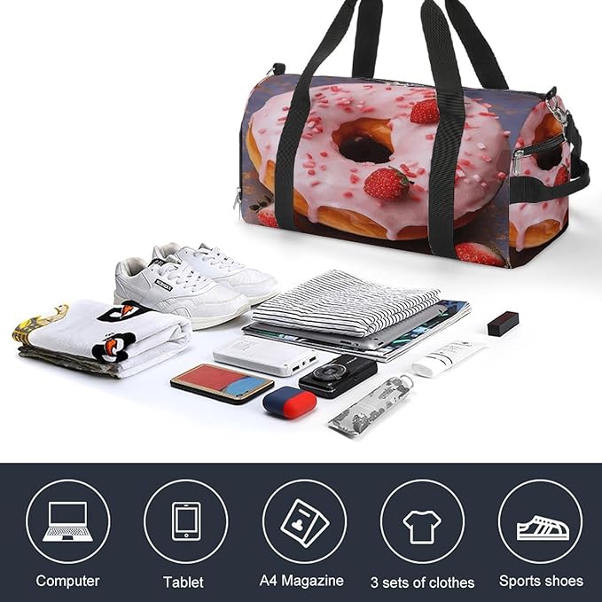 Strawberry Donut Gym Bag Lightweight ，Travel Duffle Bag with Shoe Compartment，Gym Bag for Women for Overnight, Weekend, Yoga, Gym, Business Trips, Sport And Hospital.