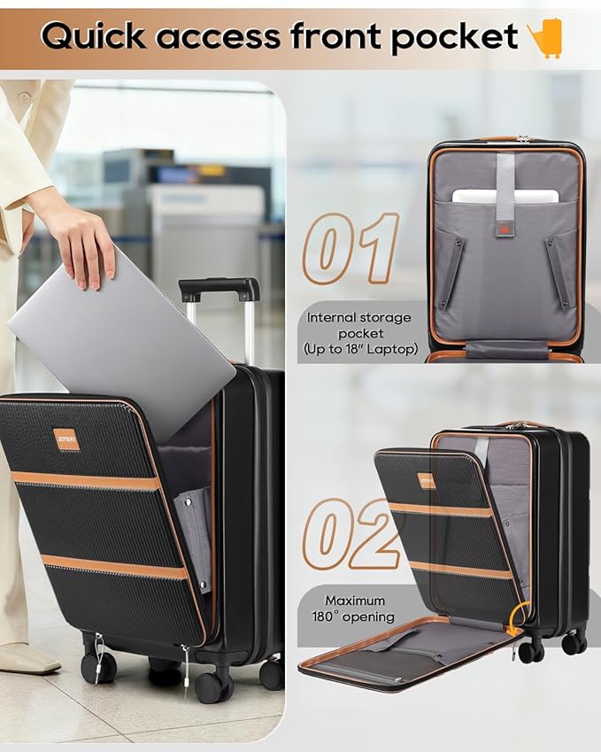 Joyway Carry on Luggage Airline Approved with Front Pocket, Hard Shell 20 Inch Travel Luggages with Cup Holder, Carry-on Suitcase with Spinner Wheels for Men and Women (Black, 3 Piece Set (20/bag))